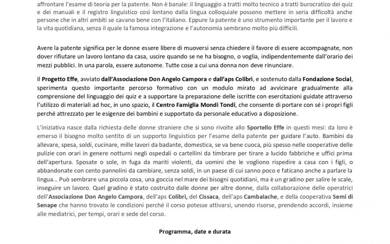 PROGETTO EFFE: UN CORSO DI ITALIANO GRATUITO RIVOLTO ALLE DONNE STRANIERE PER PREPARARSI ALL’ESAME PER LA PATENTE